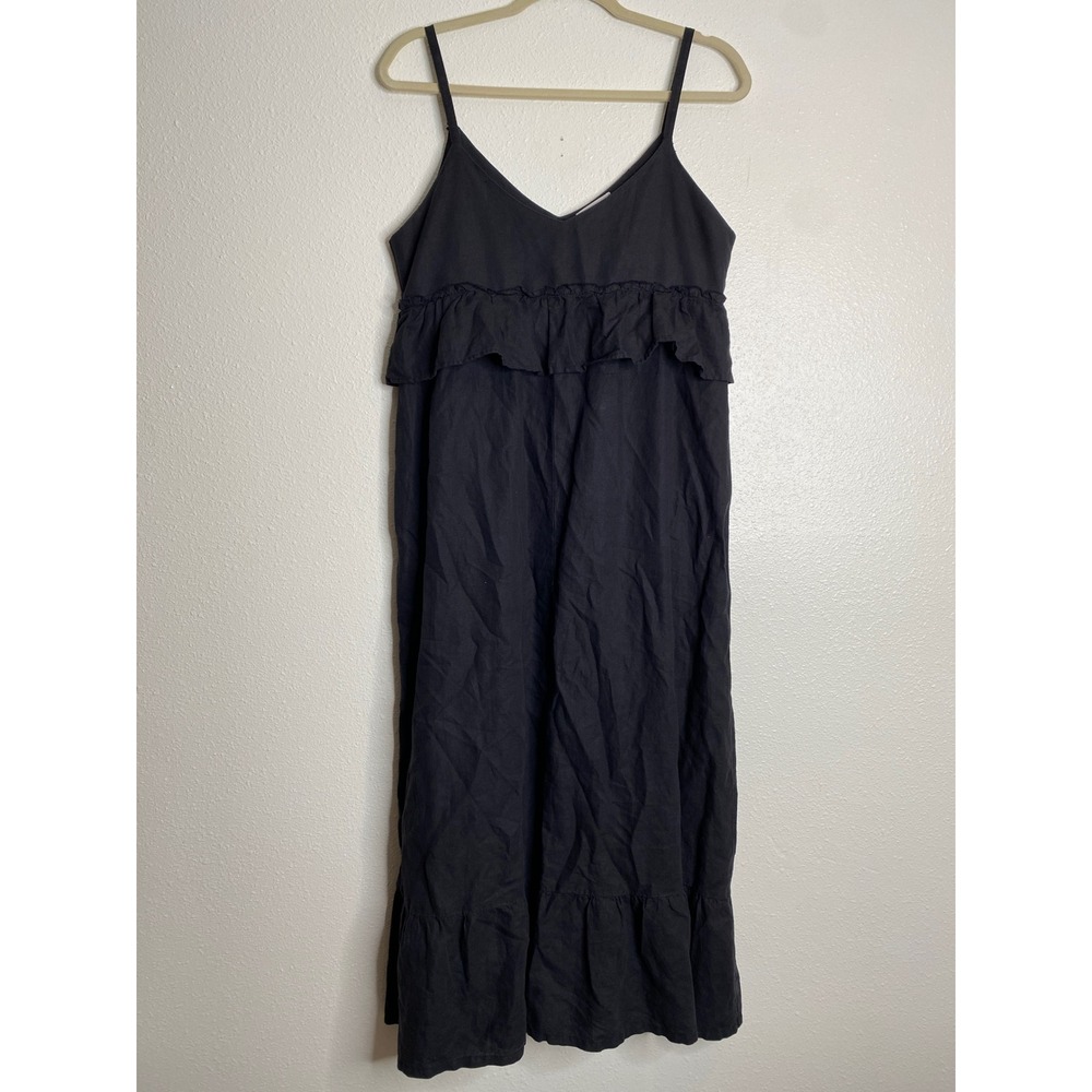 LACausa Black Linen Cotton Blend Ruffle Tiered Maxi Dress‎ Size S